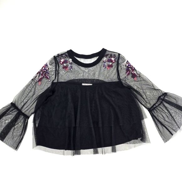 Willow & Clay Black Mesh Embroidered Floral Yoke Blouse Size M - Picture 5 of 8